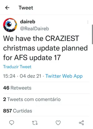 Anime Fighters Simulator Update 16 - tweet do daireb sobre o update de natal.webp